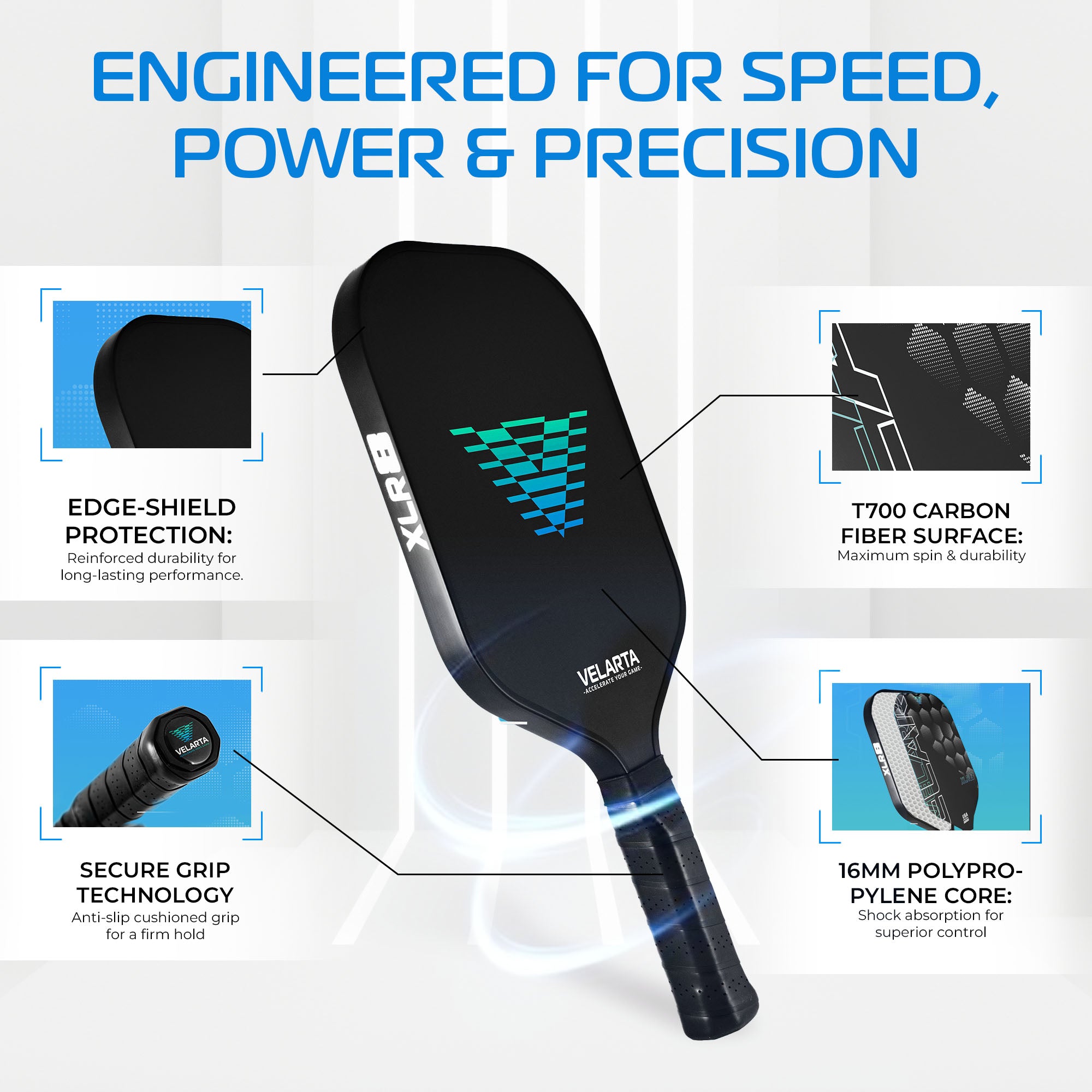 Velarta XLR8 Black Pickleball Paddle - Carbon Fiber