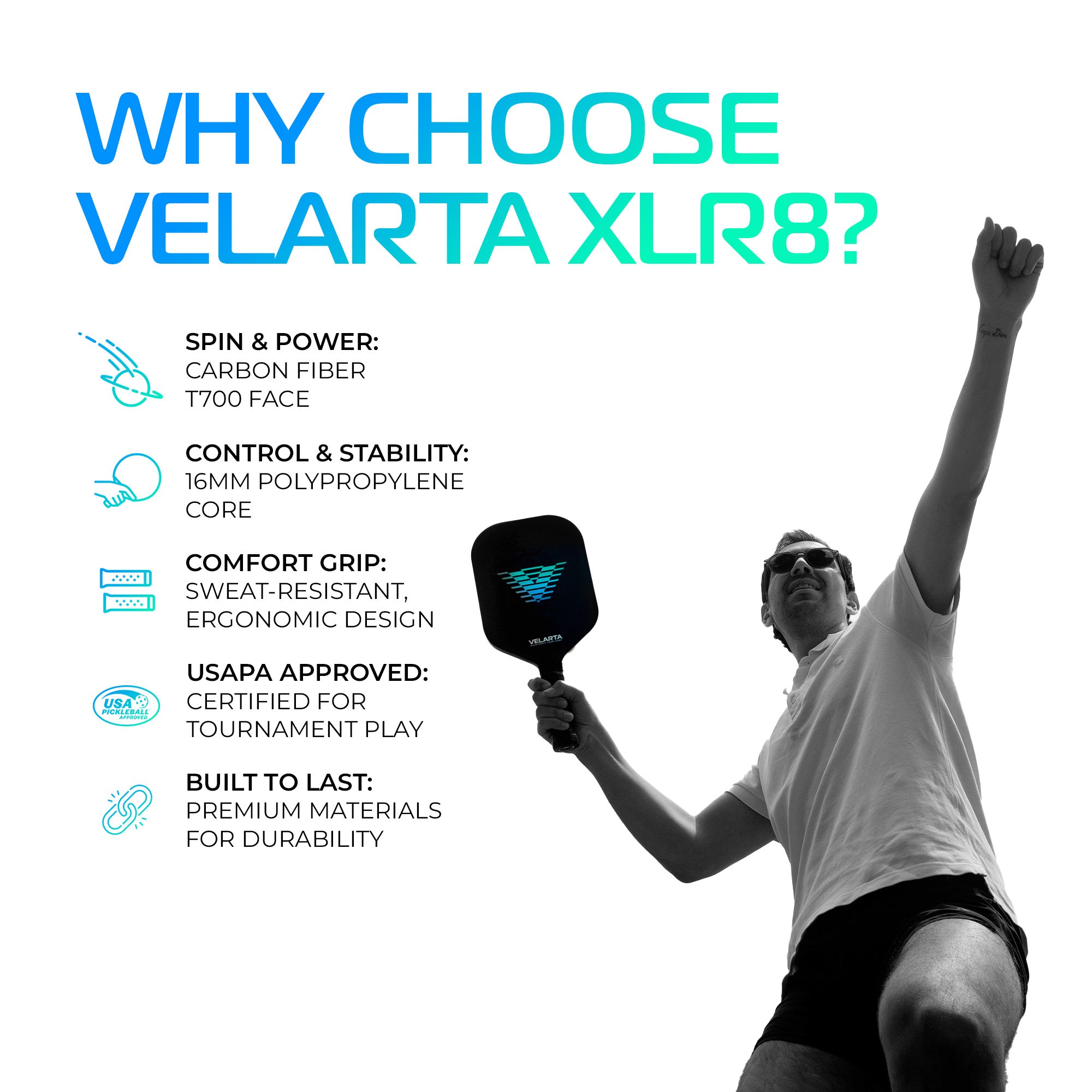 Velarta XLR8 Black Pickleball Paddle - Carbon Fiber