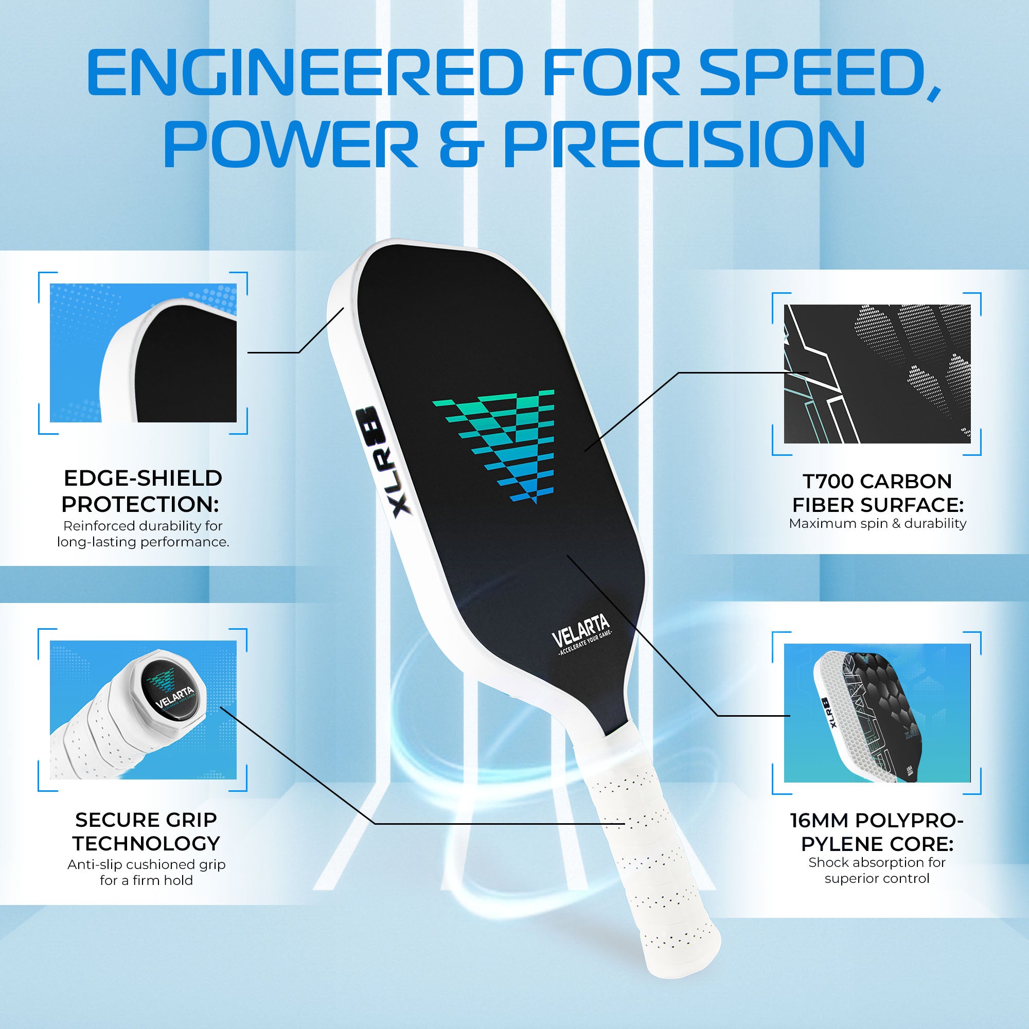Velarta XLR8 White Pickleball Paddle - Carbon Fiber