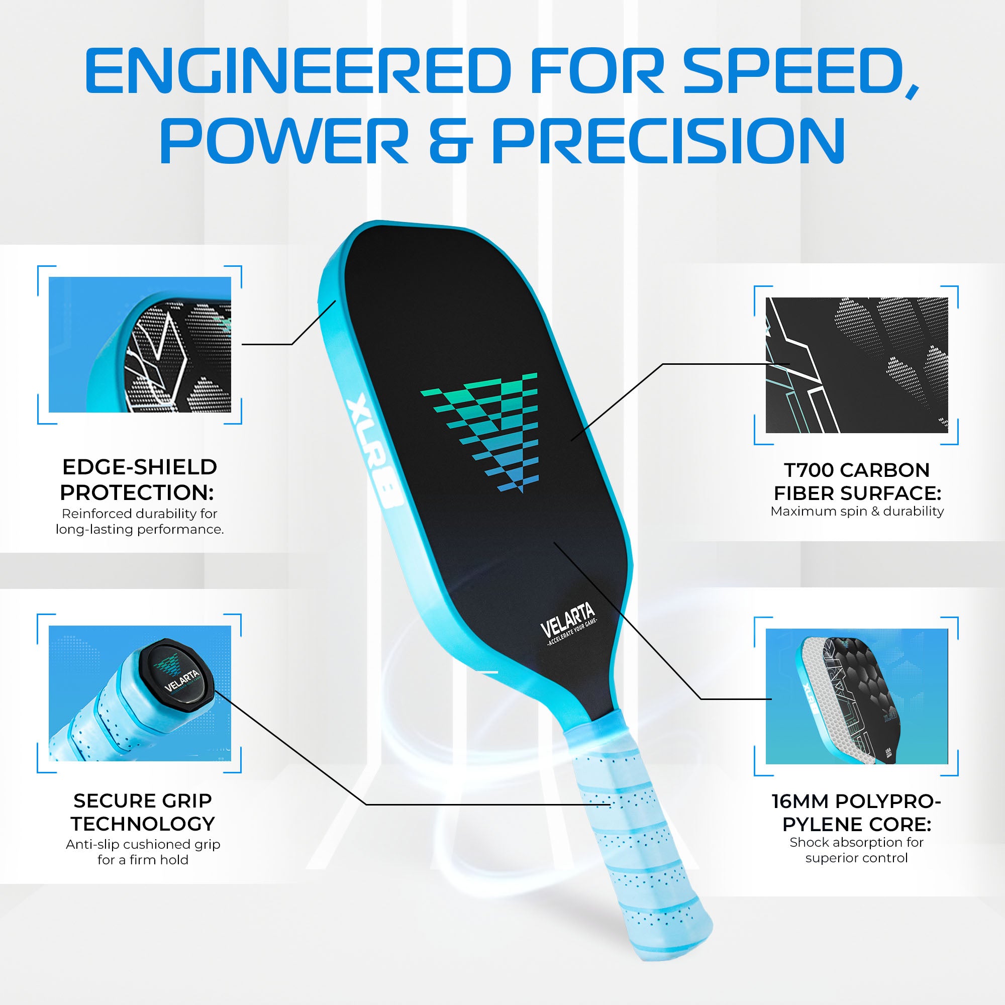 Velarta XLR8 Blue Pickleball Paddle - Carbon Fiber