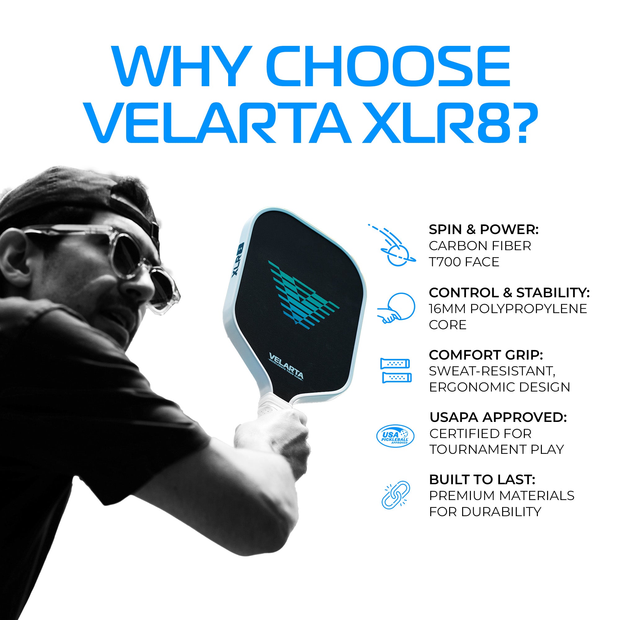 Velarta XLR8 White Pickleball Paddle - Carbon Fiber