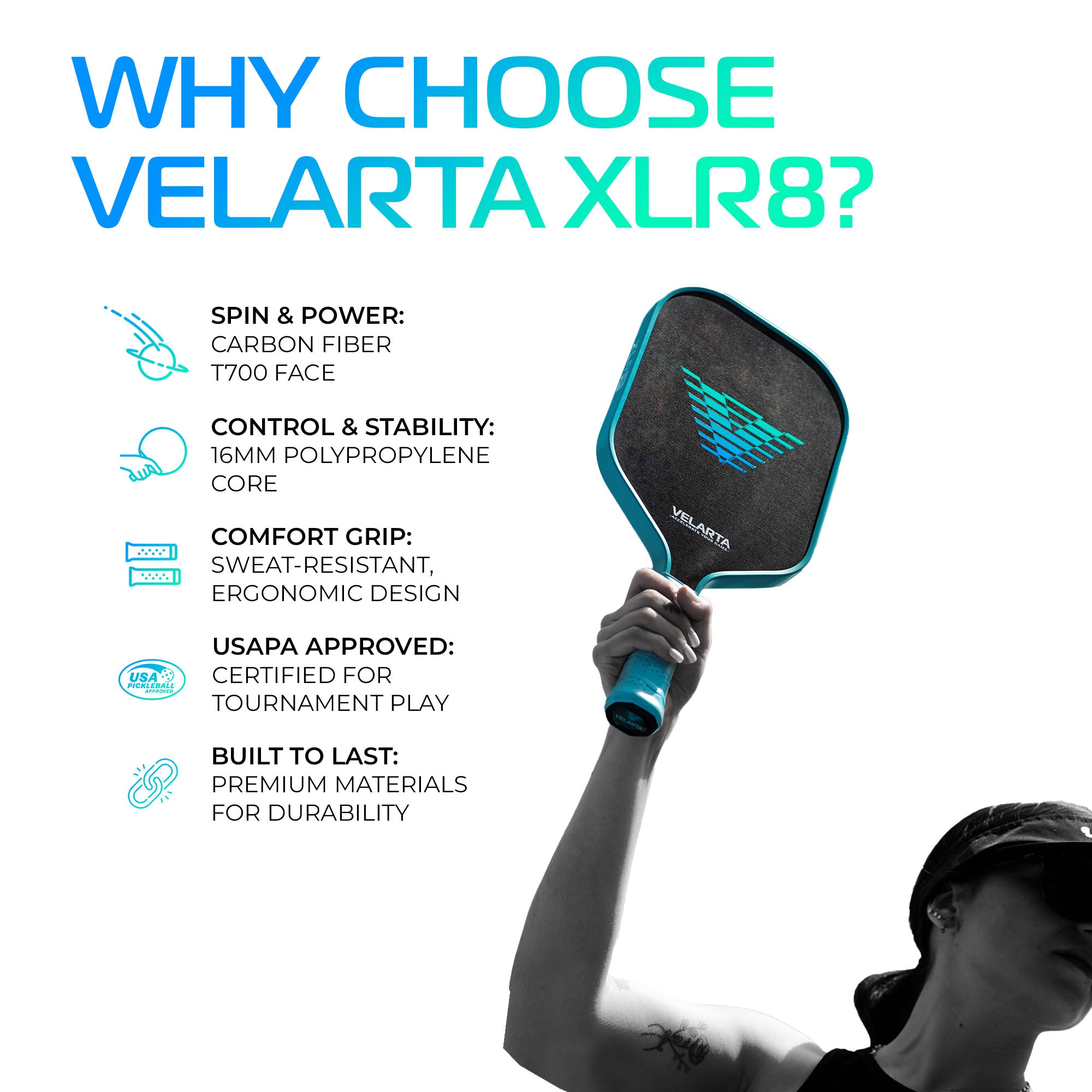 Velarta XLR8 Blue Pickleball Paddle - Carbon Fiber